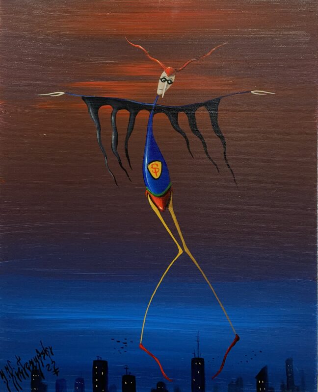 Attention kids super P is flying - a painting by Jarosław Kiełczyński