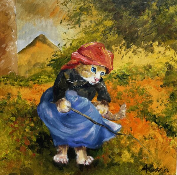 Cat with a stick after Camille Pissaro - a painting by Adam Rawicz