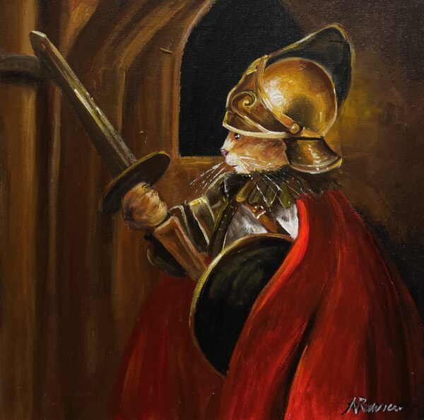 Cat in helmet after Rembrandt - a painting by Adam Rawicz
