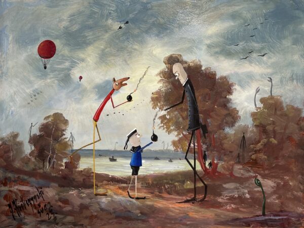 Walks with dog - a painting by Jarosław Kiełczyński