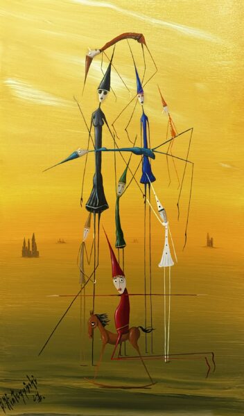 Golden Dreams: John Brown’s Journey into the World of Absurdity - a painting by Jarosław Kiełczyński