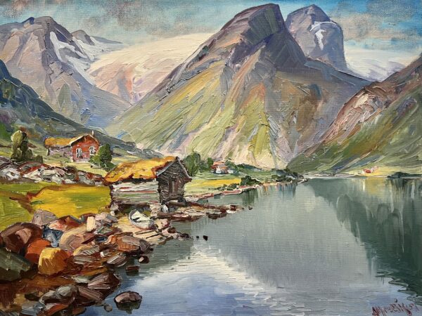 Mountain Shelter by the Lake - a painting by European school (XX)
