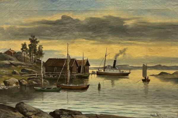 Sunset by the Nordic Harbor - a painting by European school (XX)