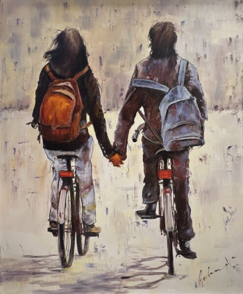 Hand in Hand Through Haze - a painting by Henryk Adamowicz