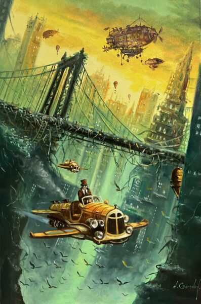 Flying in an abandoned city - a painting by Nikolay Gorovoy