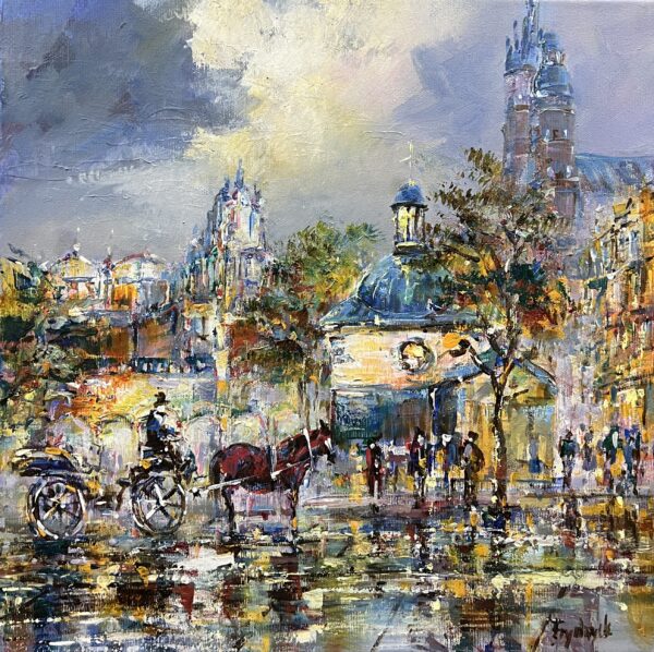 Echoes Beneath the Amber Rain - a painting by Danuta Frydrych