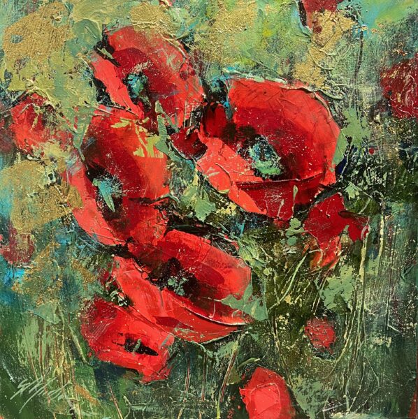 Embers Beneath the Green Veil - a painting by Grażyna Mucha