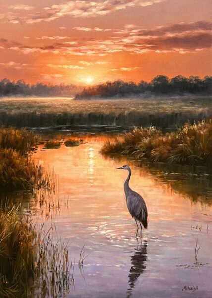 Heron’s Twilight Reverie - a painting by Ryszard Michalski