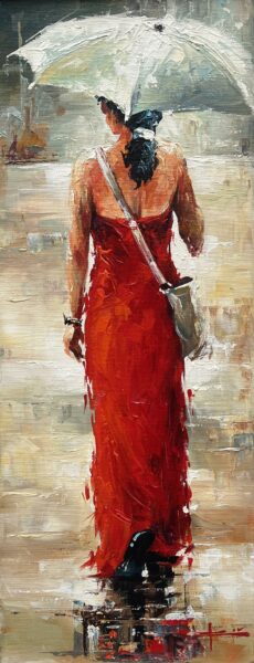 “Crimson Solitude in Rain” - a painting by Marian Jesień